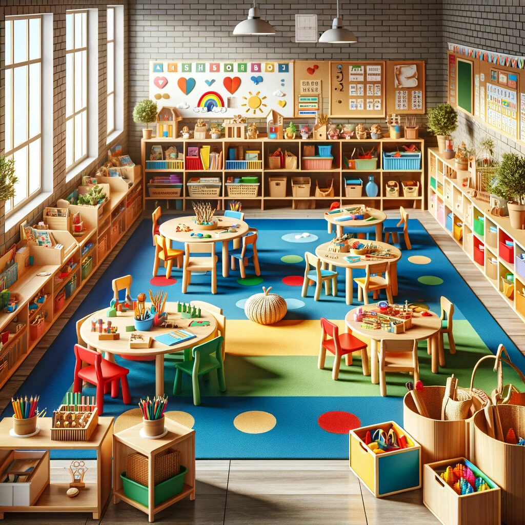 Aula Montessori aula vibrante y acogedora con muebles de tamaño infantil y una variedad de materiales educativos.