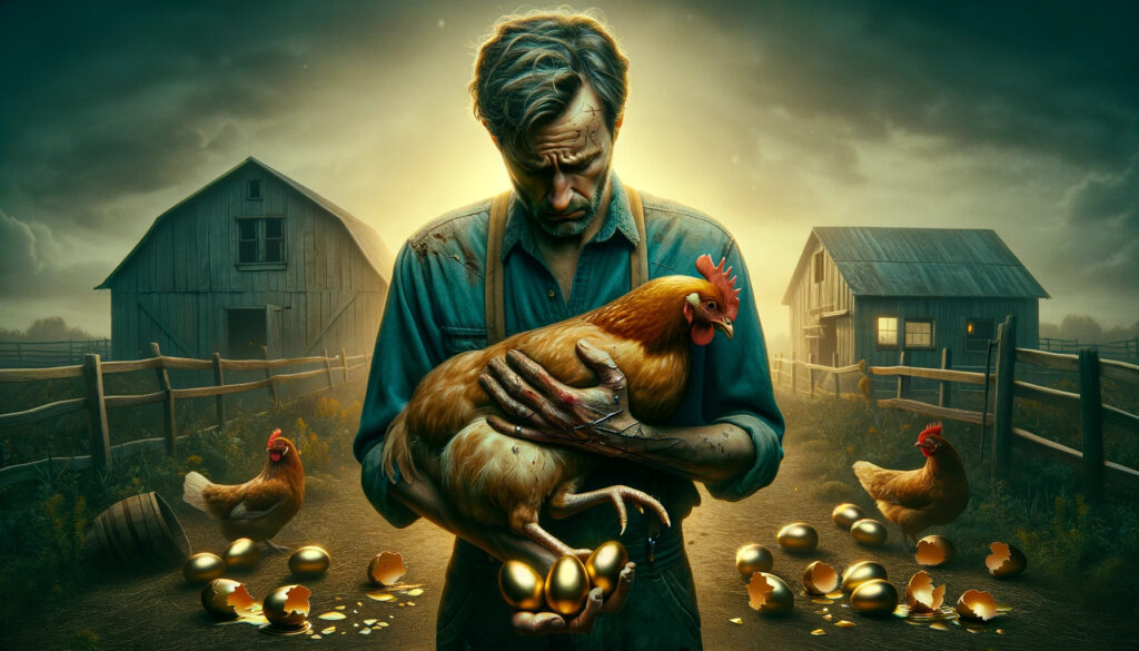 El final trágico: una imagen conmovedora del granjero sosteniendo la gallina después de la tragedia, dándose cuenta de su error, tal vez con huevos de oro rotos de fondo.