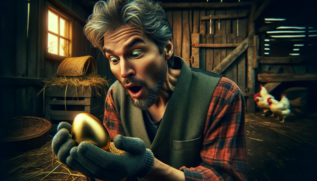 El granjero y el huevo de oro: Imagen que representa el momento en que el granjero descubre el huevo de oro, con una mirada de asombro y codicia en sus ojos, ambientada en un entorno rústico de granja.