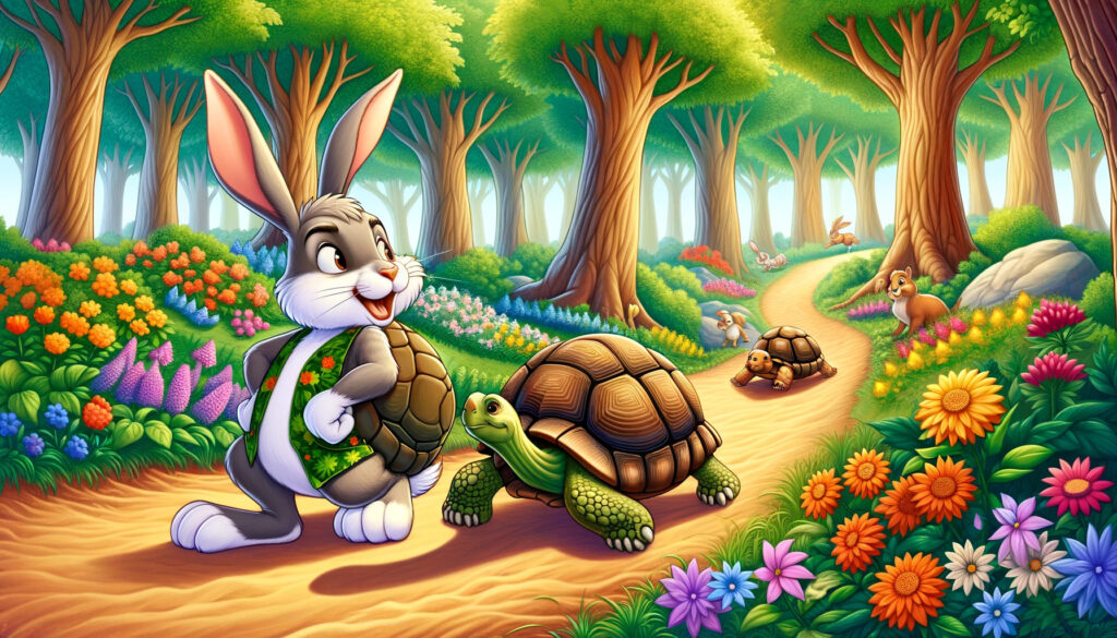 Ilustracion de la fabula La liebre y la tortuga ambientada en un bosque colorido. La escena muestra una liebre confiada fanfarroneando ante un grupo de animales