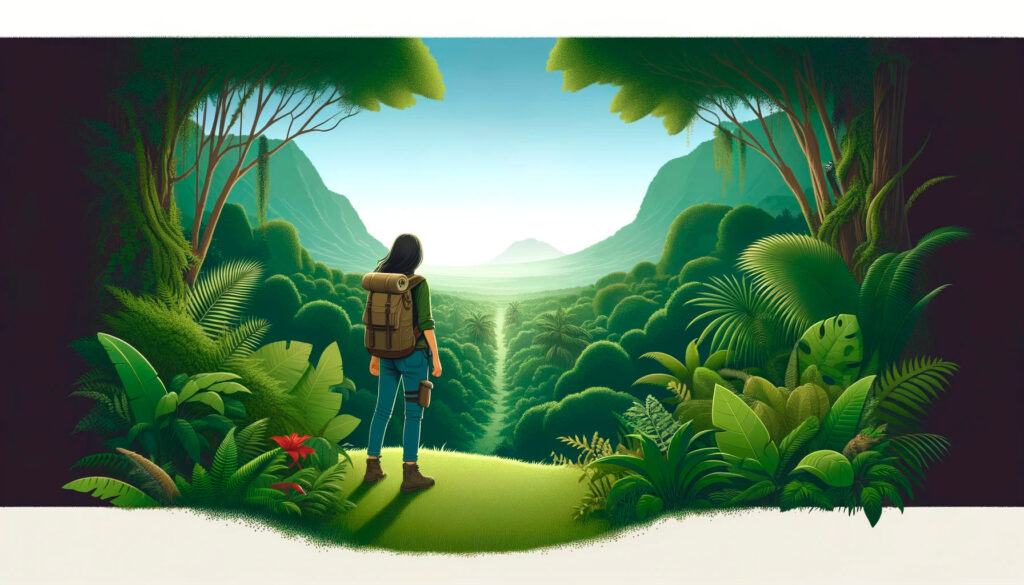 Inicio del Viaje: Ilustrando a una joven exploradora al borde de un frondoso bosque, lista para iniciar su aventura.