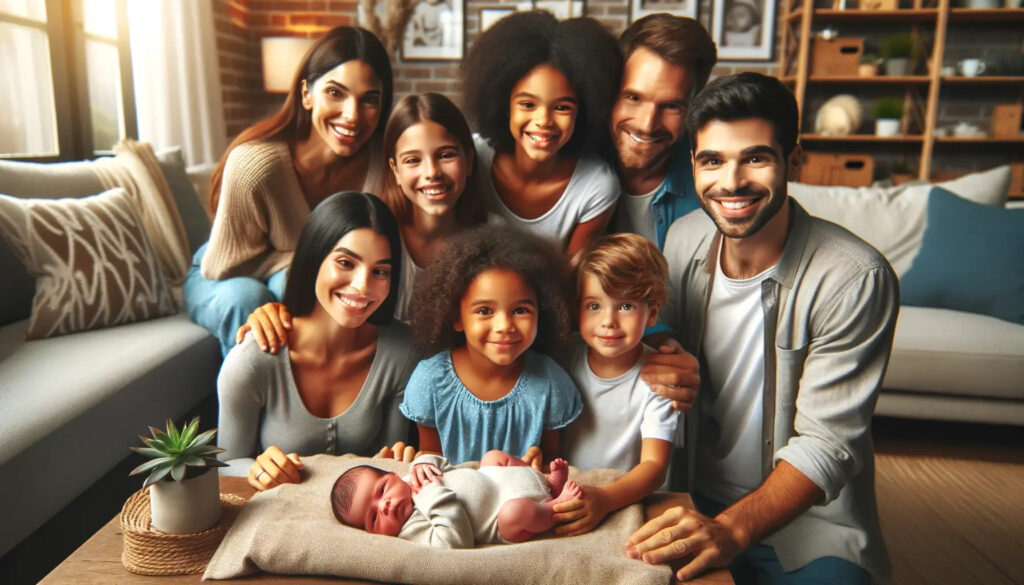 Escena familiar moderna: una imagen conmovedora de una familia moderna y diversa que da la bienvenida a un bebé recién nacido llamado Mateo.