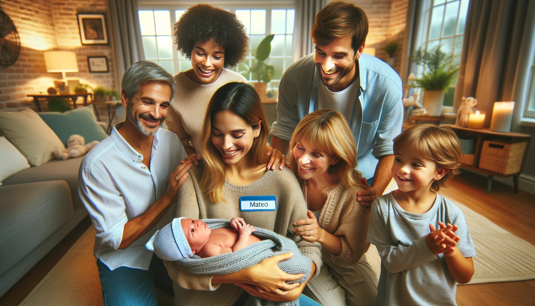 Escena familiar moderna: una imagen conmovedora de una familia moderna y diversa que da la bienvenida a un bebé recién nacido llamado Mateo.