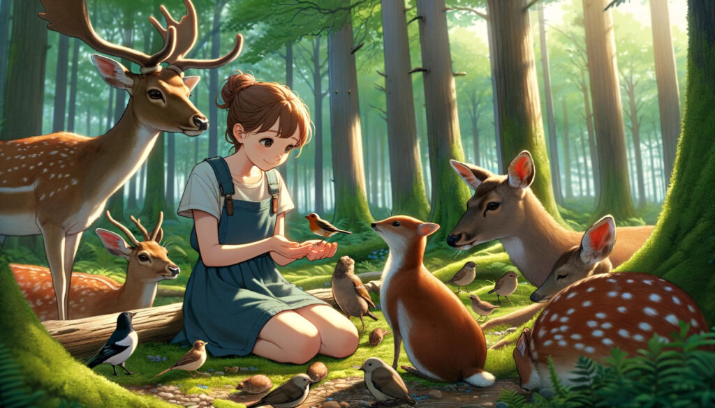 Interacción con la vida silvestre: muestra a una adolescente interactuando suavemente con la vida silvestre del bosque, simbolizando una conexión con la naturaleza.