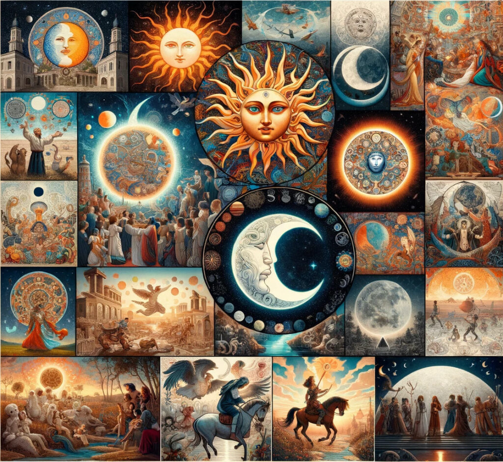 Interpretaciones culturales: un collage que muestra diferentes interpretaciones culturales del mito del sol y la luna de todo el mundo.