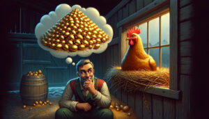 La decisión codiciosa: una ilustración que muestra al granjero contemplando la gallina, con una burbuja de pensamiento de una pila de huevos de oro, que simboliza su creciente codicia.