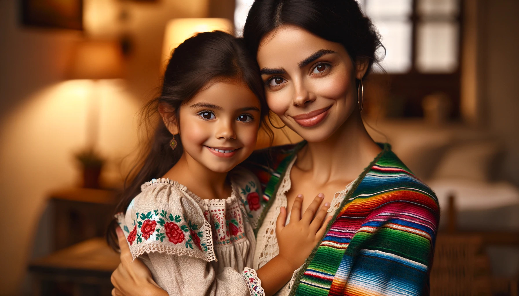 La madre y la hija están sonriendo, vestidas con atuendos coloridos que reflejan su origen cultural. El entorno se suma a la calidez y cercanía de su vínculo.