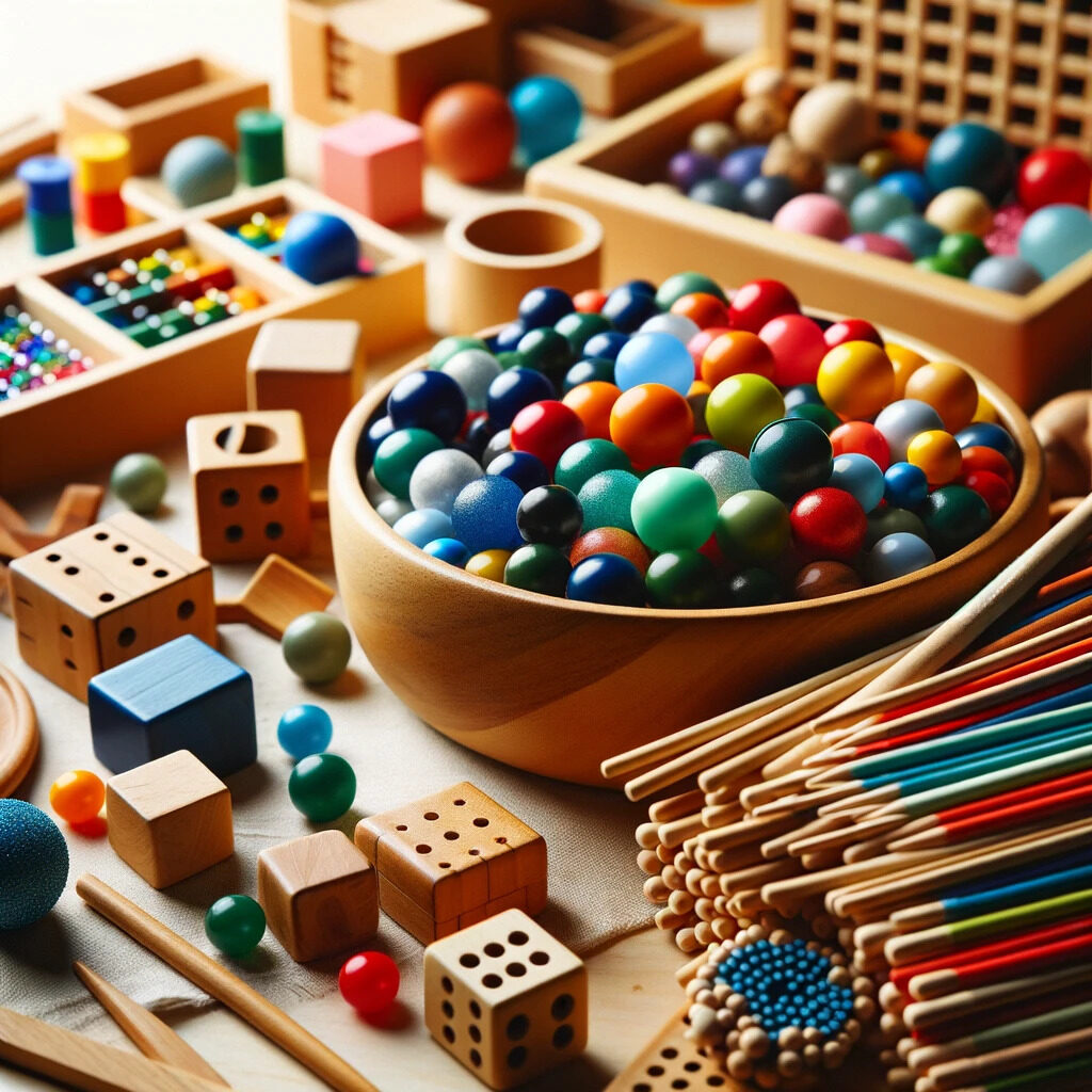 Materiales Montessori: un primer plano de varios materiales educativos Montessori, destacando su naturaleza táctil y diversidad.