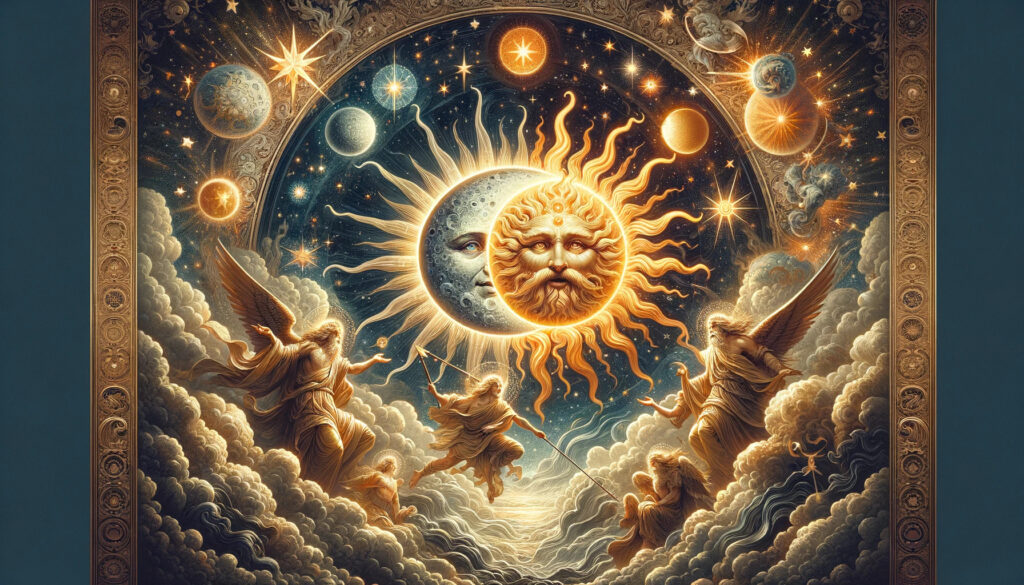 Mitos antiguos ilustrados: una representación de mitos antiguos, que muestra el sol y la luna como deidades poderosas rodeadas de estrellas y nubes.