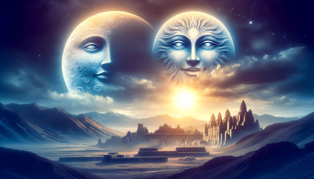 Paisaje místico: un paisaje místico que presenta la luna y el sol como rostros en el cielo, supervisando una civilización antigua.