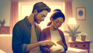 Pareja y panza: una conmovedora ilustración de una pareja mirando la pequeña panza de un bebé, que captura la maravilla y la alegría de esperar un hijo en la primera semana de embarazo.