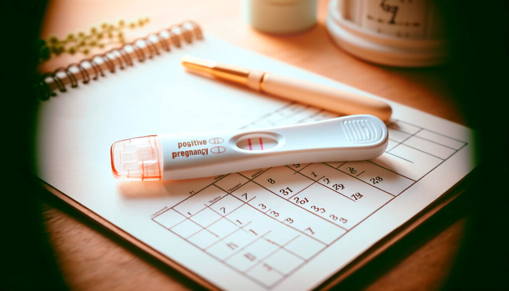 Prueba de embarazo positiva: una imagen que muestra una prueba de embarazo positiva junto con un calendario que marca la primera semana de embarazo, simbolizando la confirmación temprana y la emoción de la expectativa.