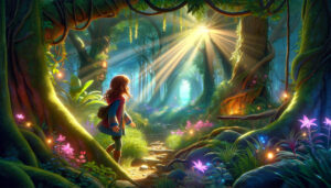 Descubrimiento en el bosque: Representa al personaje femenino encontrando una parte mágica y escondida del bosque, con la luz del sol filtrándose a través de los árboles.