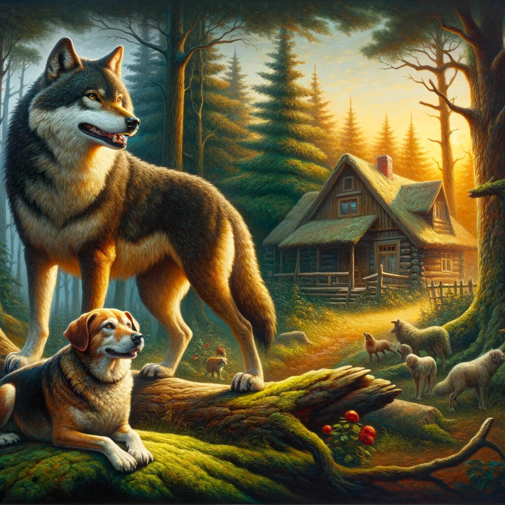 Representación artística de la fábula 'El lobo y el perro'. La escena muestra un lobo salvaje y un perro domesticado en un bosque. El lobo se alza orgulloso