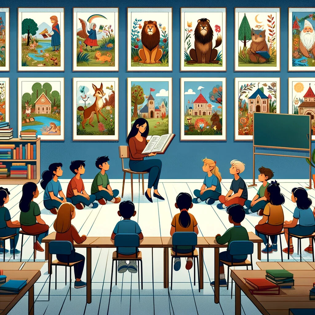 Una escena de aula moderna donde niños de diversos orígenes escuchan atentamente a un maestro leyendo una fábula.