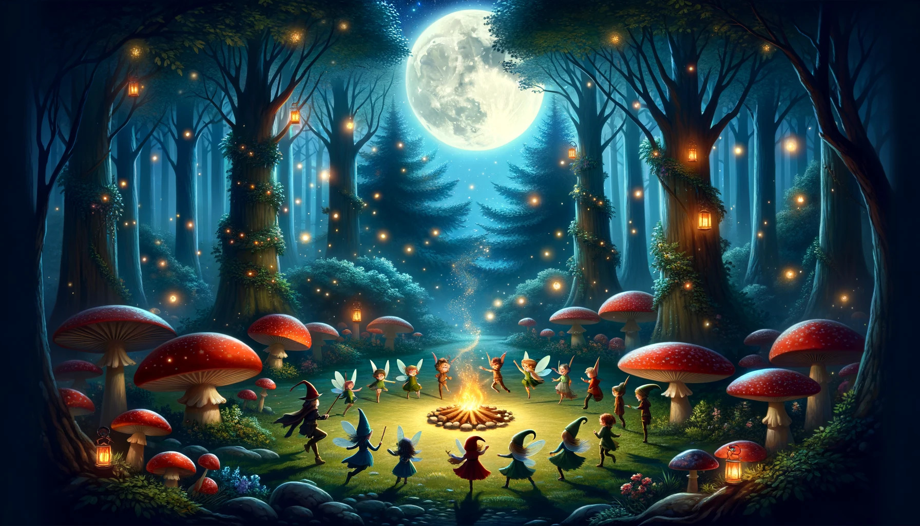 Una escena nocturna en un bosque mágico, iluminado por la luna llena