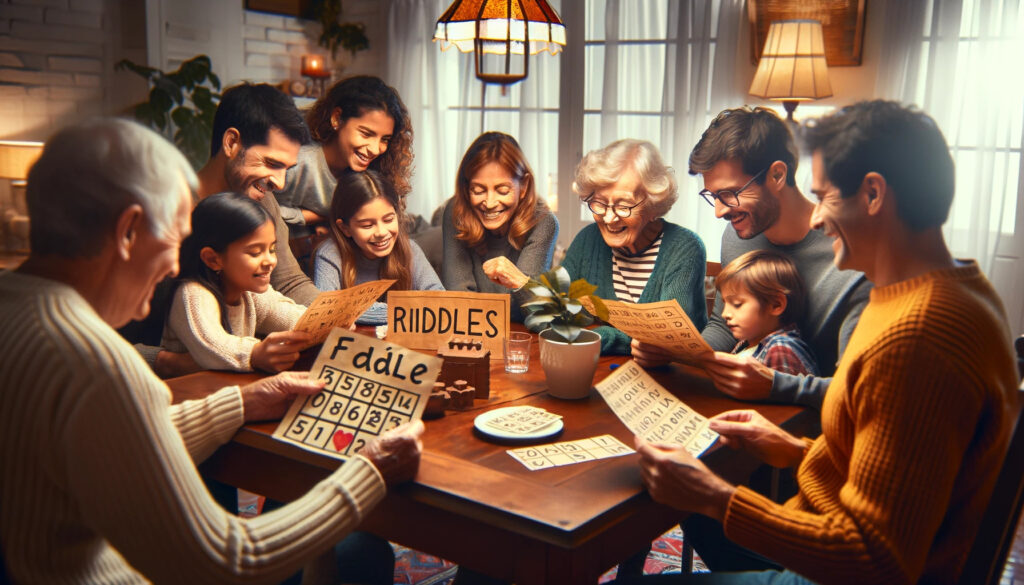 Una imagen de personas de diferentes edades disfrutando resolviendo acertijos alrededor de una mesa en un ambiente hogareño acogedor