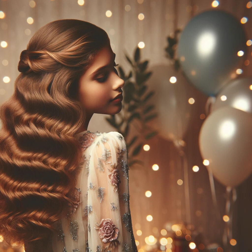 Una joven con glamurosas ondas sueltas, vestida elegantemente para una fiesta.