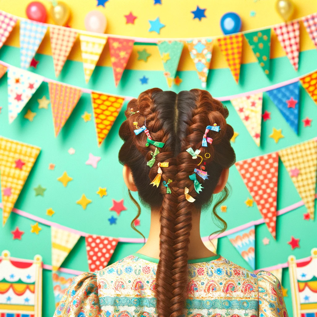 Una niña con trenzas intrincadas, posiblemente una cola de pez o una trenza francesa, en un contexto de fiesta divertido y colorido.