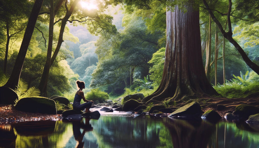 Momento reflexivo: Capturar a una mujer en forma en un momento de reflexión junto a un arroyo del bosque o debajo de un gran árbol, conectada con el mundo natural.