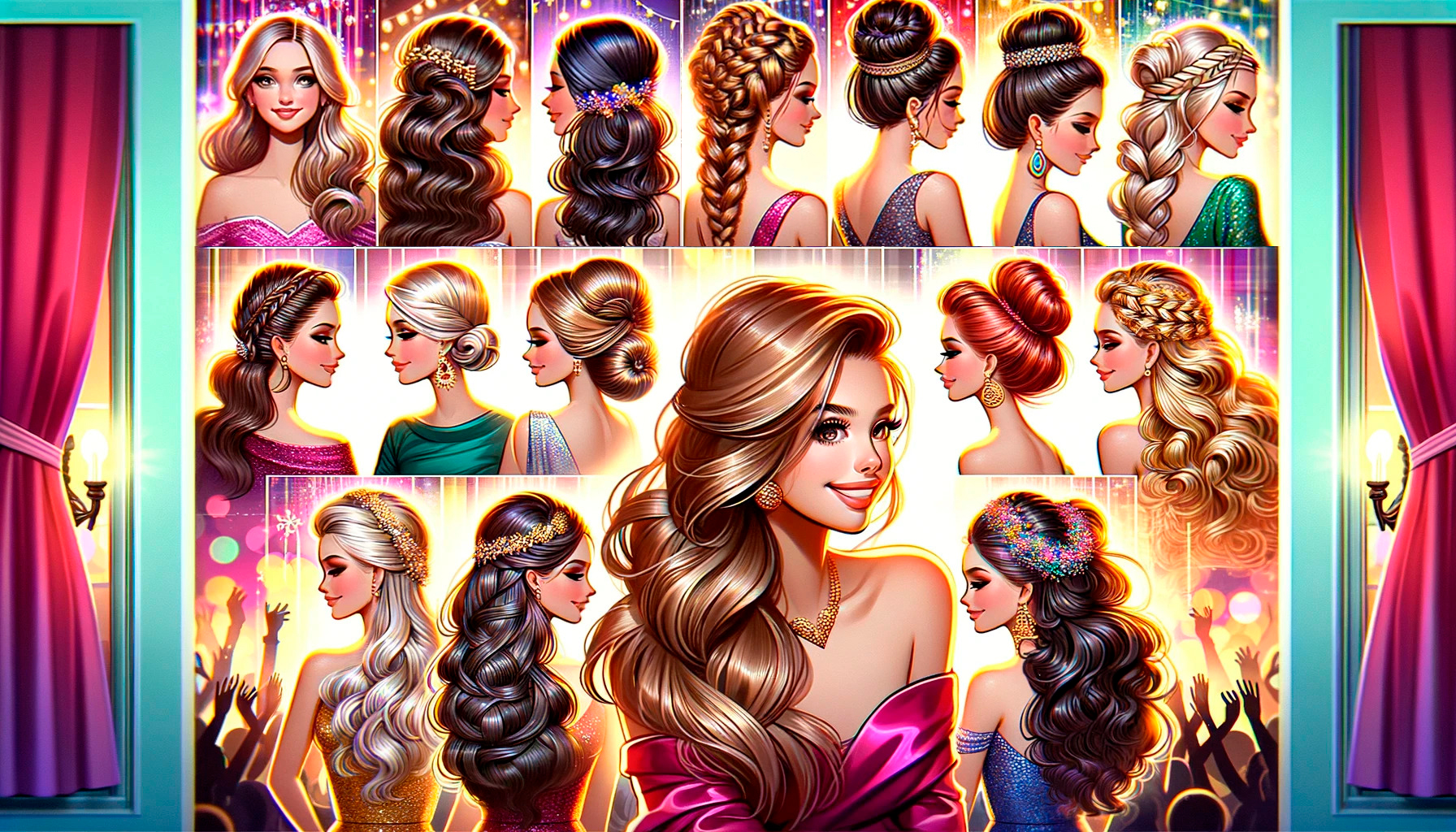 peinados de fiesta para niñas. La escena presenta un collage de diferentes peinados adecuados para fiestas.