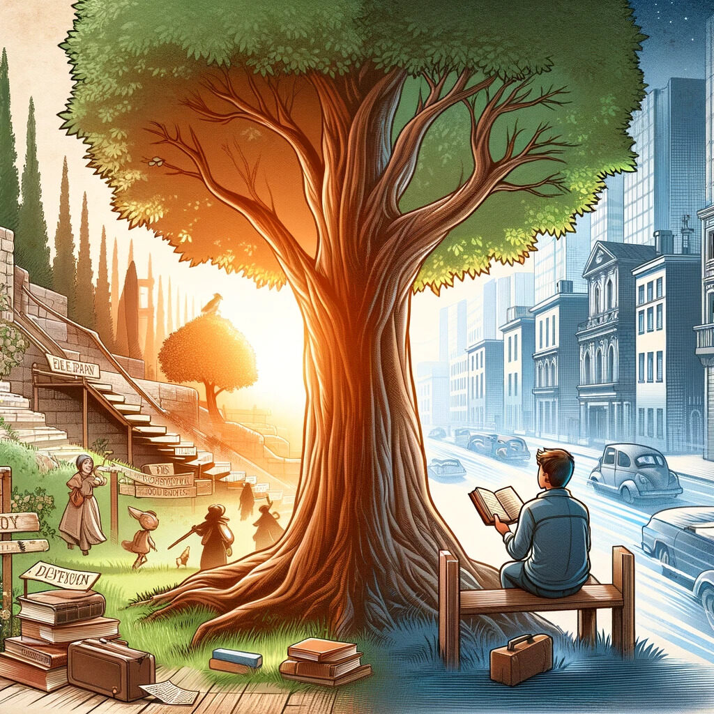 Una persona leyendo un libro de fábulas bajo un árbol en un parque tranquilo.