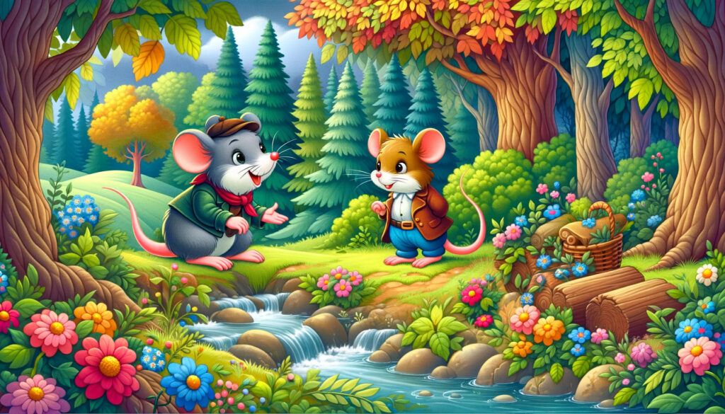 una representación artística de la fábula 'El ratón de ciudad y el ratón de campo' en un bosque colorido.